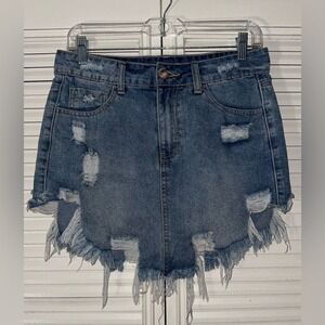 Litz Premium Womens Blue Distressed Denim Mini Skirt Size S Frayed Jean Skirt